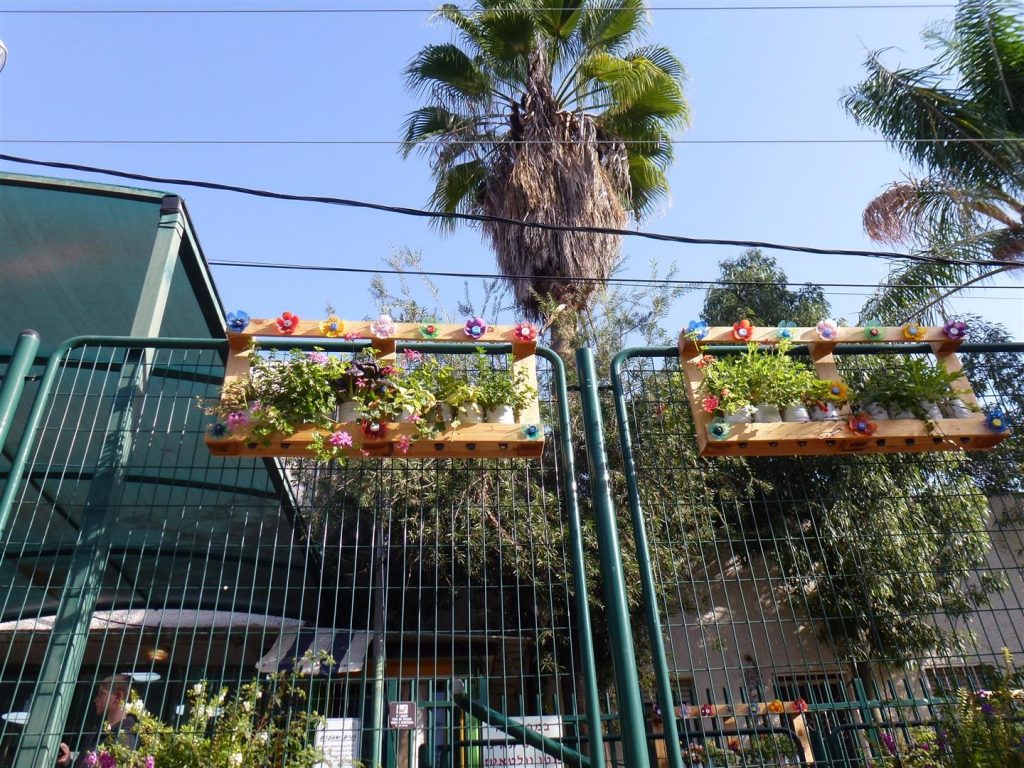 פיסול סביבתי באדניות פרחוניות לטיפוח חזית בית הספר ברטוב רעננה